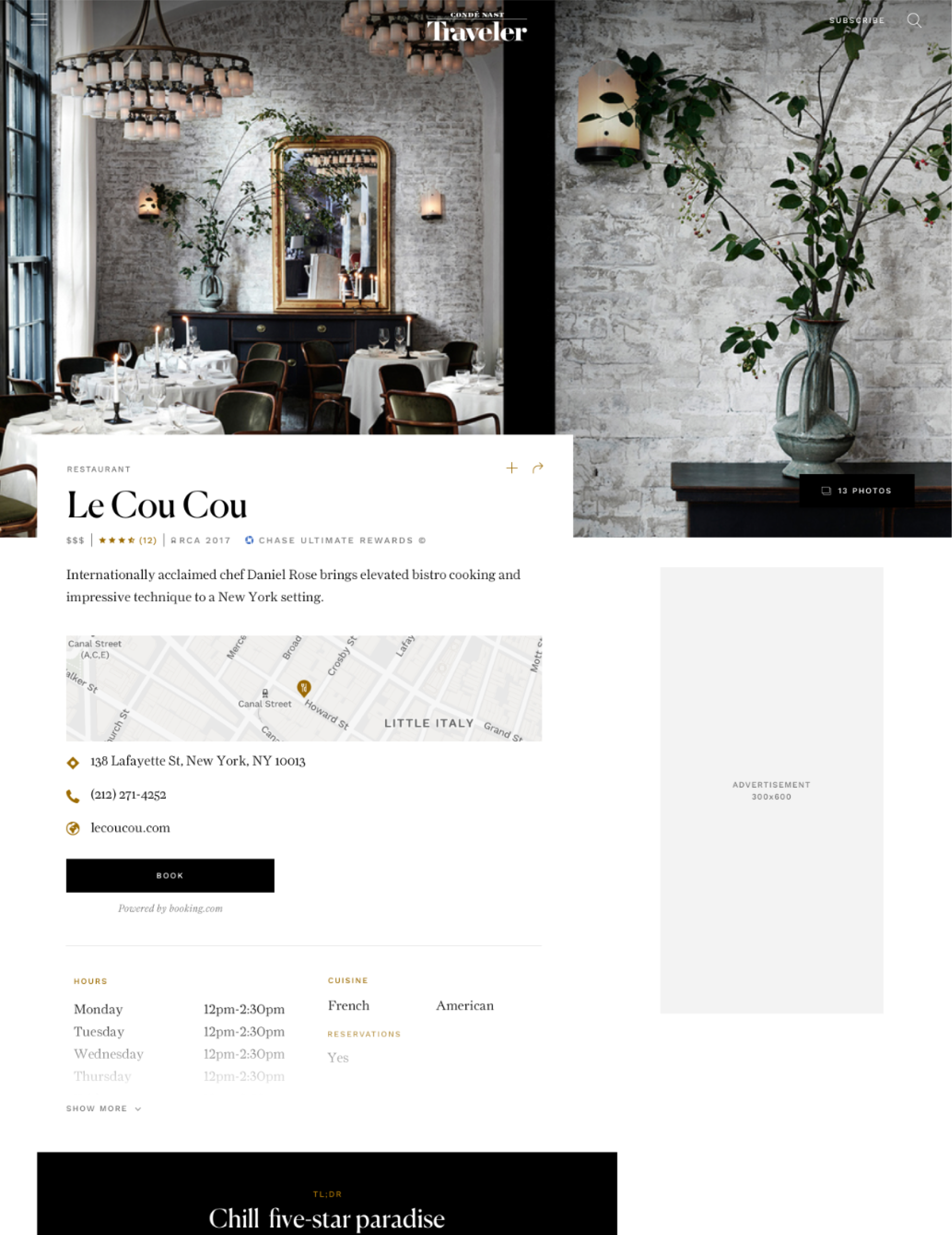 CNT restaurant venue page on desktop
