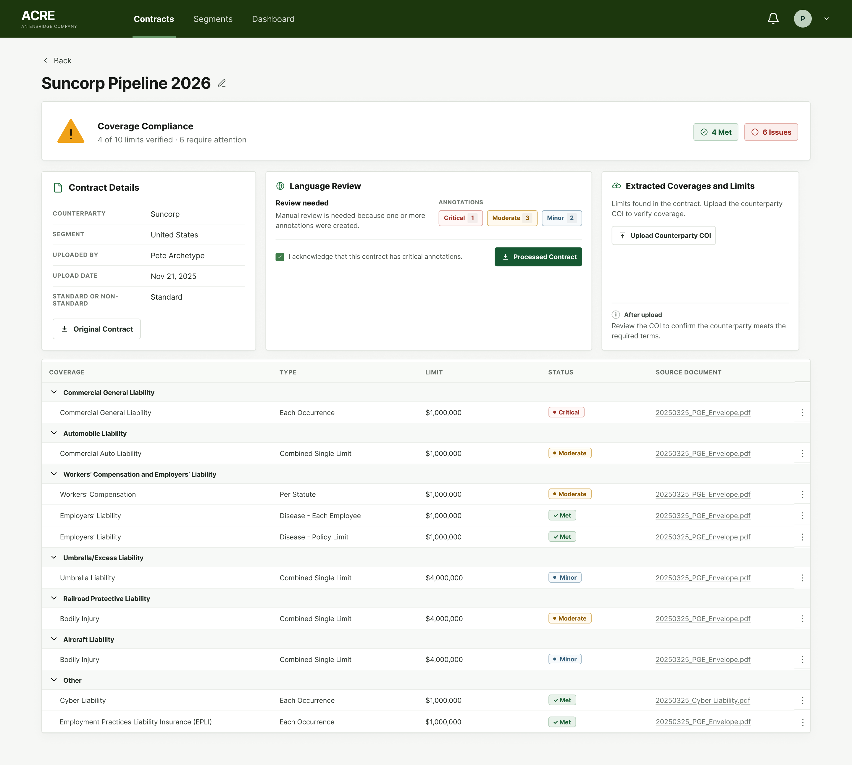ACRE contract detail experience showing compliance status and coverage requirements