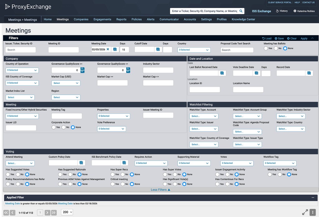 ISS ProxyExchange meetings filters on the existing platform
