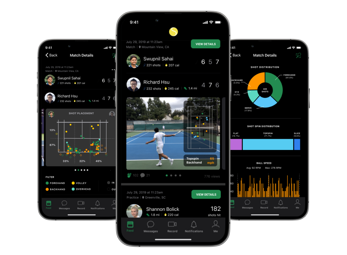 SwingVision match analysis on iPhone, showing shot data, player stats, and a court heatmap